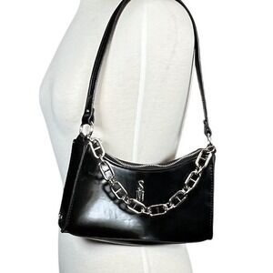 Steve Madden Black Patent Baguette Bag Y2K Silver Chain Shoulder‎ Purse